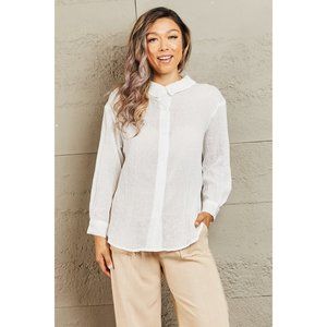 Take Me Out Lightweight Button Down Top Long Sleeves Relaxed Casual Solid White